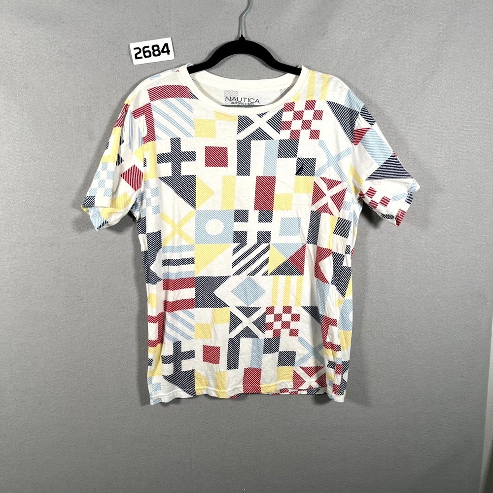 Nautica T Shirt Mens XL‎ 18-20 Multicolor 100% Cotton Patchwork Graphic Crewneck